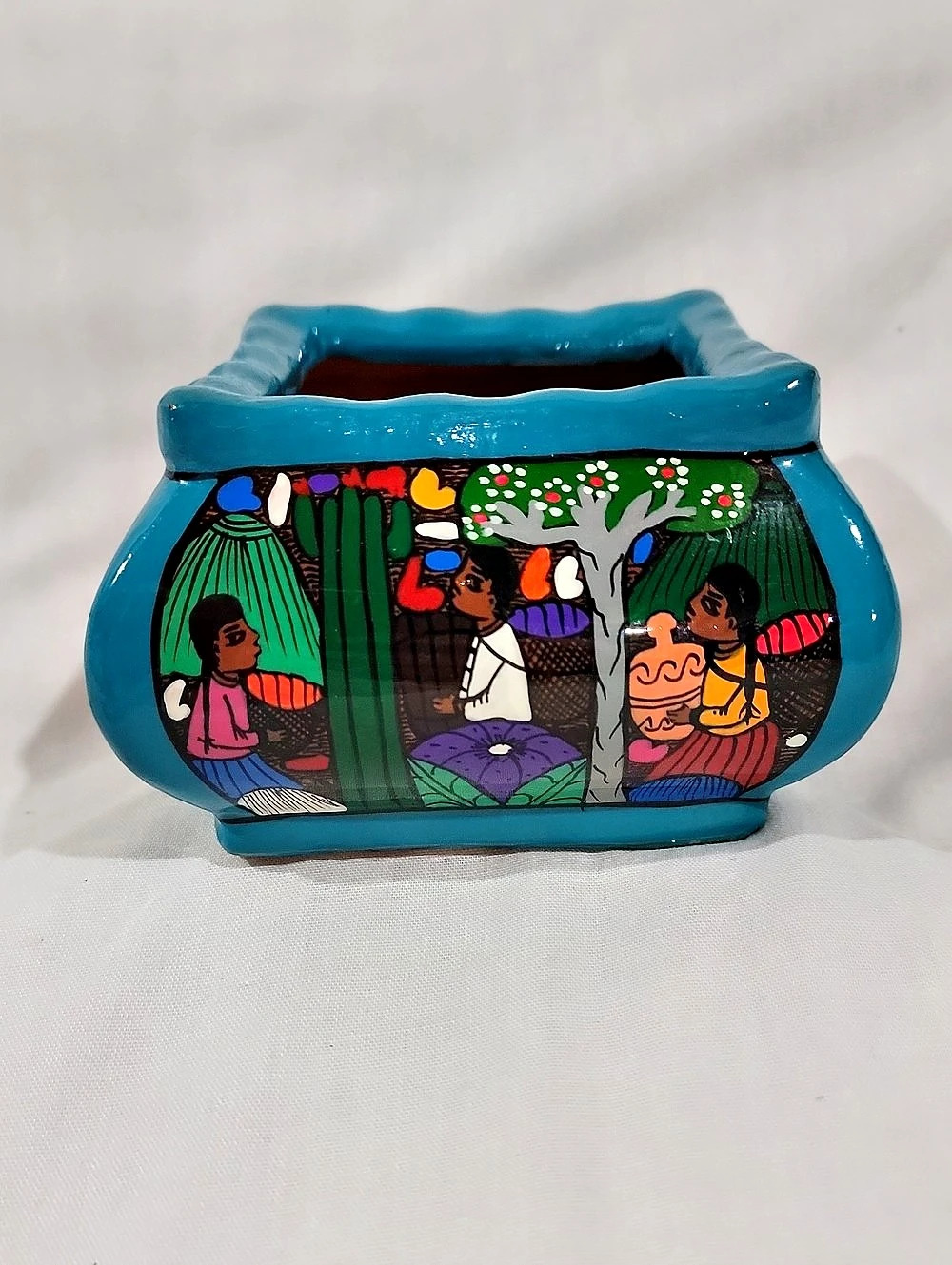 Vintage Hand-Painted Ceramic Storytelling Folk Art Pottery Trinket Box